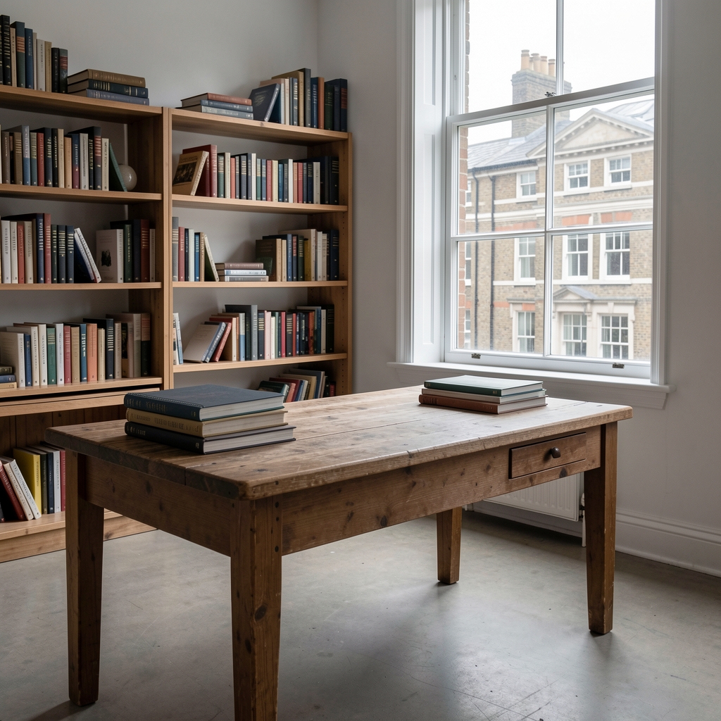 Quiet editorial studio interior showing a large wooden desk with stacked notebooks, bookshelves and a tall window letting in grey London daylight