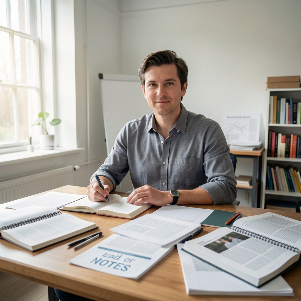 Eleanor Whitfield, lead editor of Orfeld Field Notes, photographed in a bright studio workspace surrounded by research notebooks and printed articles