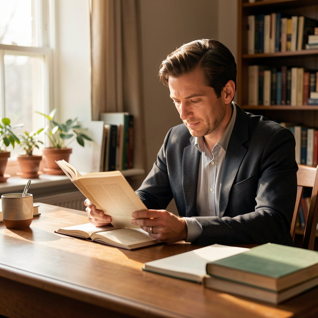 Tobias Marsden, contributing editor at Orfeld Field Notes, photographed at a writing desk in a warm natural light reading room
