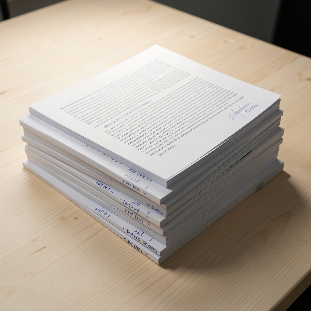 Stacked printed research papers and annotated journals on a pale wooden surface under controlled workspace lighting