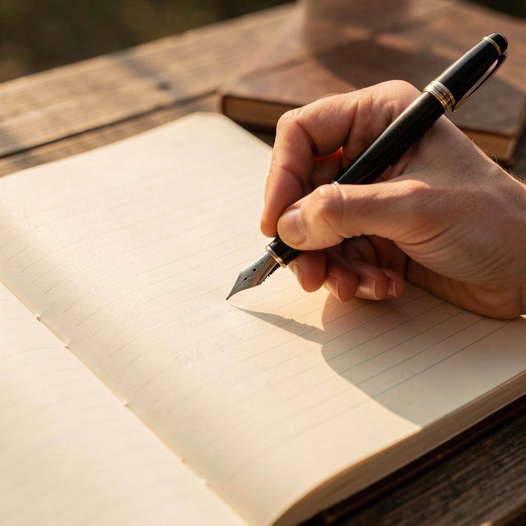 Close-up of a hand writing editorial notes in a field notebook with a fountain pen, warm afternoon light on the page