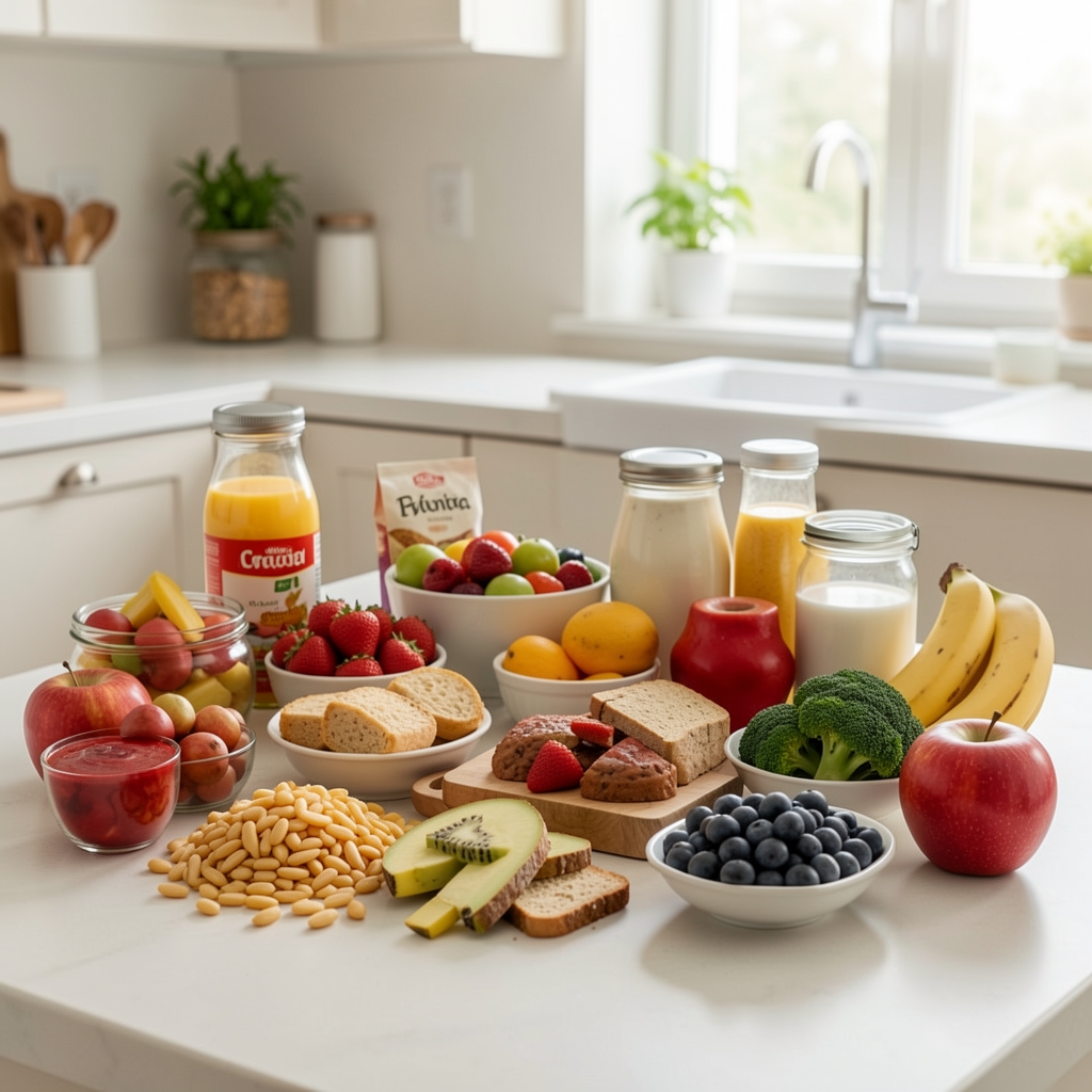 Colourful array of everyday foods laid out on a pale kitchen surface under diffused natural light, illustrating diverse food choices