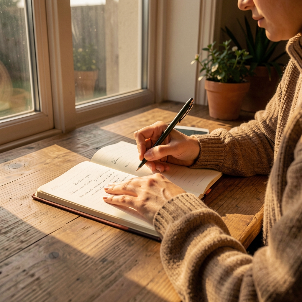 Person writing in a food journal at a wooden desk beside a window, warm afternoon light casting long shadows, close-up detail