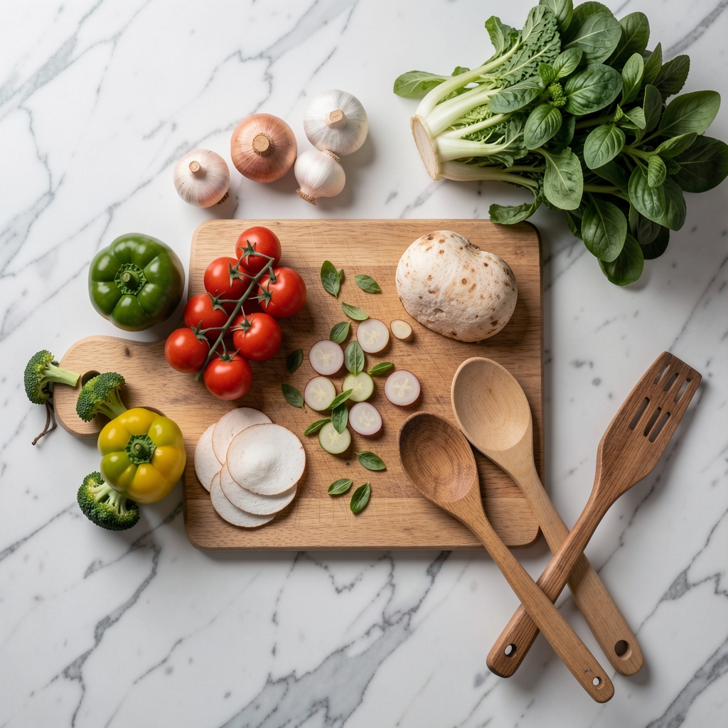 Simple wholesome meal preparation scene on a marble kitchen counter with fresh vegetables and wooden utensils, overhead perspective