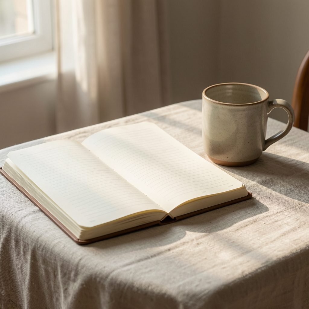 Open notebook resting on a linen-covered table beside a ceramic mug in soft morning light, editorial lifestyle photography