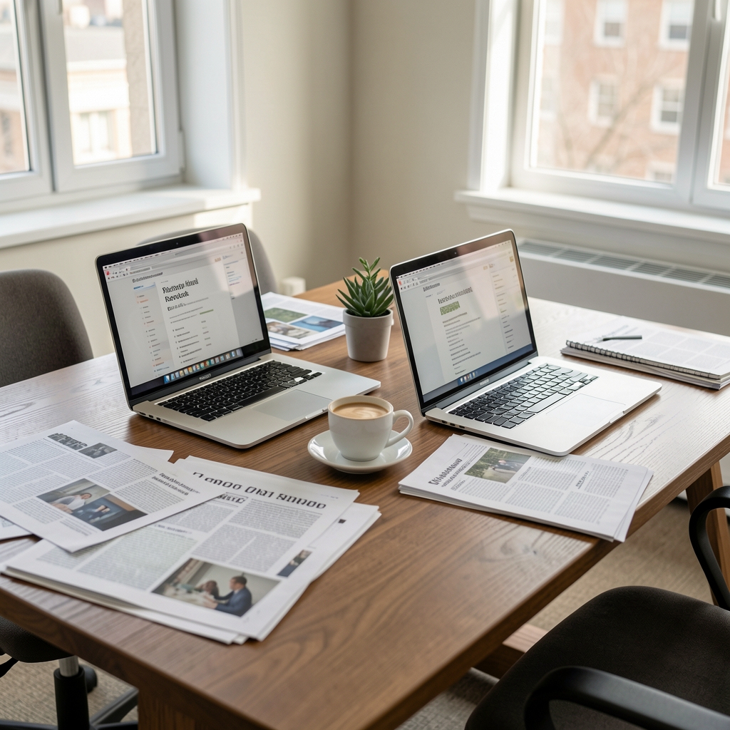 Small editorial meeting table with two open laptops, scattered printed articles, and a shared coffee, mid-morning natural light