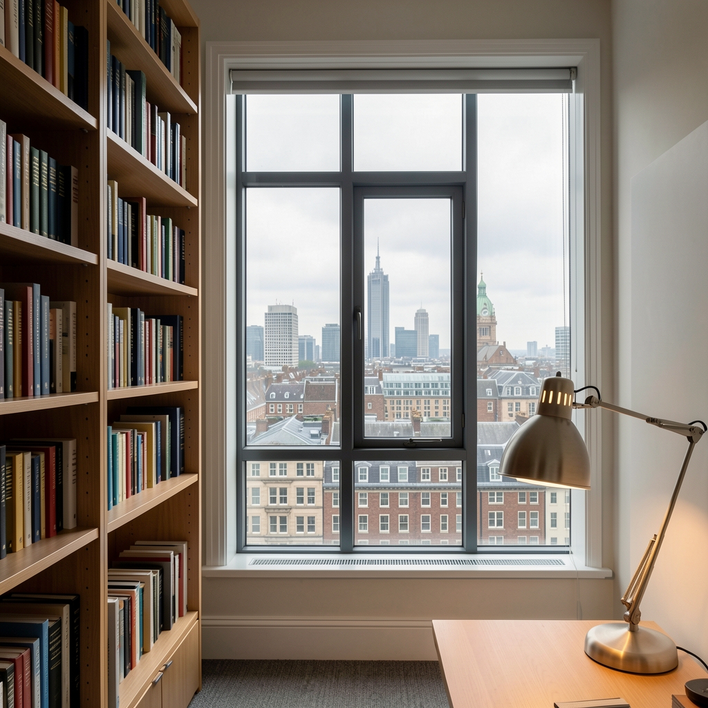 Tall window in an EC1 office building with grey London skyline visible, bookshelves and a reading lamp in the foreground